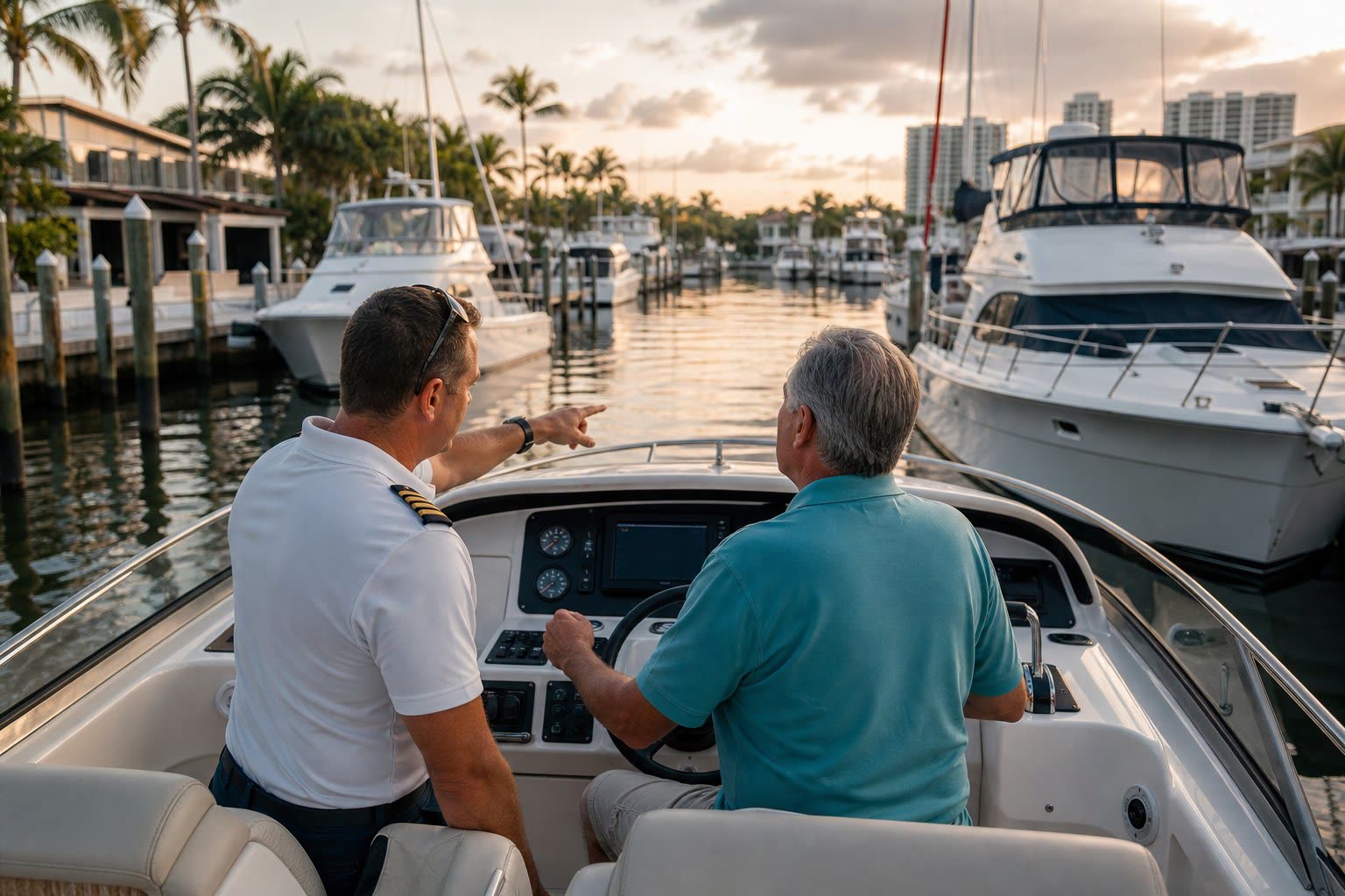 Captain teaching new yacht owners how to dock at the helm